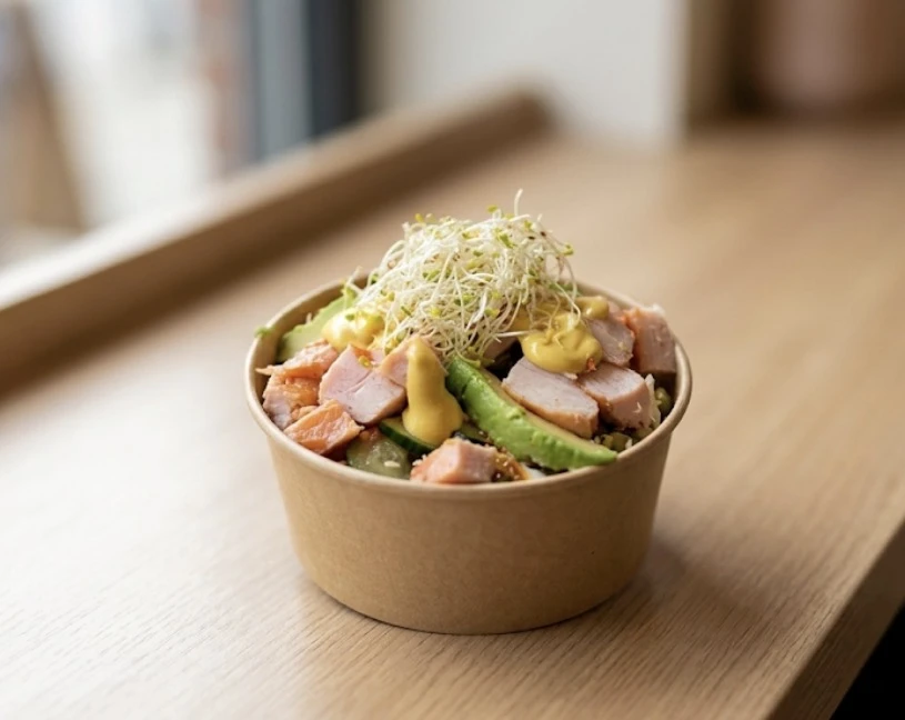Frische Bowl mit Hähnchen, Avocado und Sprossen